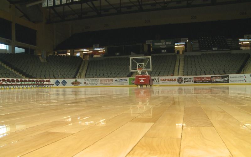 The court at the Tyson Events Center is gearing up for this year's NAIA Division II Women's Basketball Championship.