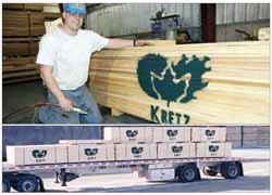 In the top photo, Robert Schroeder completes a stencil on a stack of lumber at Kretz Lumber Company located just south of Antigo. The lower photo shows a load of stenciled lumber ready to leave the mill. Kretz ships worldwide.