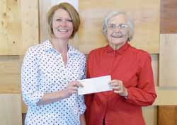 Angie Close, left, executive director the Langlade County Economic Development Corporation, accepts a donation from Phyllis Suick to help fund the entrepreneur training course.
