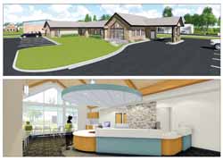 Interior and exterior views of the planned Aspirus Birnamwood Clinic, which is double the size of the existing facility. Ground-breaking is slated in the near future.