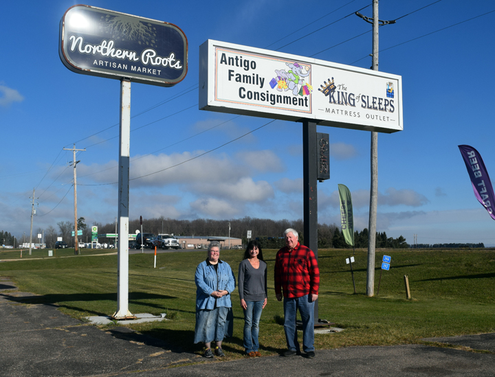 The three businees owners from left to right: Diann Taunton (Antigo Family Consignment), Jess Filbrandt (Northern Roots Artisan Market), and Bob Hunter (King of Sleeps Mattress Outlet).