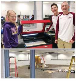 In the top photo, Emily Wald, Matthew Arndt, Drew Schwarz pose with the laser engraver, which will be used in the new fab lab. The lower photo shows renovations underway in room 111, which will house the facility.