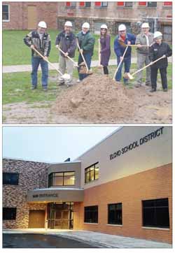 Top photo, the groundbreaking for the Elcho school addition, held in April, 2017. The lower photo shows the new main entrance.