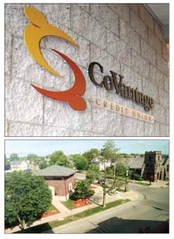 Arriving on the new third floor, visitors are greeted by a CoVantage Credit Union sign, top photo. The expansion has also created new views for employees, including the neighboring drive-through and St. Ambrose Episcopal Church, lower photo.
