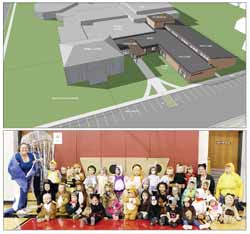 The top photo shows an artist rendering of the expanded Peace Lutheran child care facilities, with a capital funding program kicking off over the weekend. The lower photo shows child care students at their "Noah's Ark Party" last week, when they dressed up in animal costumes and paraded around.
