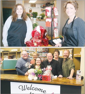 In the top photo, the daughter-mother duo of Abigail and Angela Fleischman at Antigo Floral. The lower photo shows the crew from Flowers from the Heart on Fifth. From left are Josh Jameson, store manager, Linda Schroepfer, Barb Payant, Bruce Walentowski, owner, Jeanne Kakes and Scott Mishler.