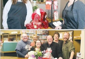 In the top photo, the daughter-mother duo of Abigail and Angela Fleischman at Antigo Floral. The lower photo shows the crew from Flowers from the Heart on Fifth. From left are Josh Jameson, store manager, Linda Schroepfer, Barb Payant, Bruce Walentowski, owner, Jeanne Kakes and Scott Mishler.