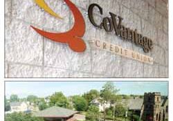 Arriving on the new third floor, visitors are greeted by a CoVantage Credit Union sign, top photo. The expansion has also created new views for employees, including the neighboring drive-through and St. Ambrose Episcopal Church, lower photo.