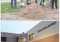 Top photo, the groundbreaking for the Elcho school addition, held in April, 2017. The lower photo shows the new main entrance.