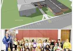 The top photo shows an artist rendering of the expanded Peace Lutheran child care facilities, with a capital funding program kicking off over the weekend. The lower photo shows child care students at their "Noah's Ark Party" last week, when they dressed up in animal costumes and paraded around.